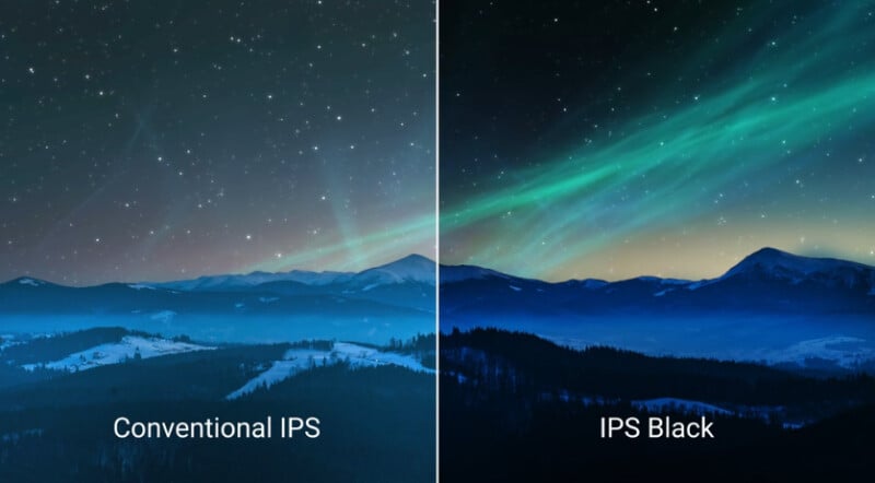 A split image compares two display types. The left side, labeled "Conventional IPS," shows a night sky with stars above blue-tinted mountains. The right, labeled "IPS Black," has deeper blacks and more vivid colors, with an aurora visible.
