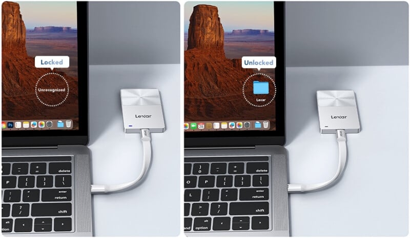 Side-by-side images of a Lexar external drive connected to a laptop. Left: screen displays "Locked" and "Unrecognized." Right: screen shows "Unlocked" with a visible Lexar folder.