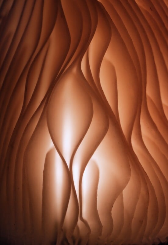Close-up of abstract, wavy, layered orange and beige shapes with light shining through, resembling organic forms such as mushroom gills or textured fabric folds.