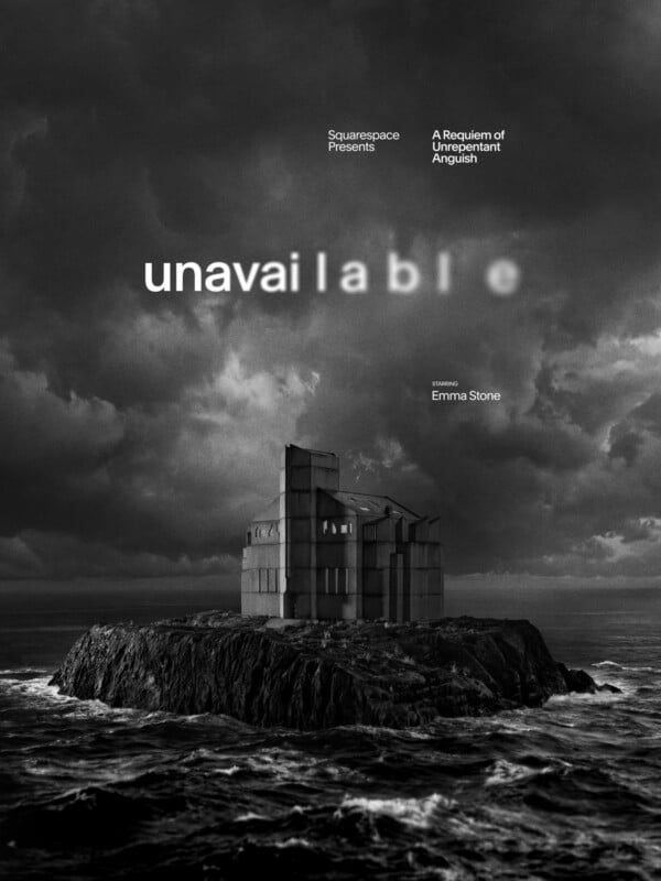 A surreal, black-and-white poster shows a modern, abstract building on a rocky island under stormy clouds. The title "unavailable" appears blurred in the center. Text credits include Emma Stone and "Squarespace Presents.