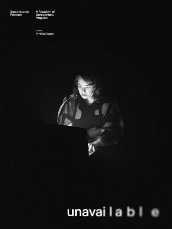 A woman illuminated by a laptop screen sits in darkness, with "unavailable" in blurred text at the bottom. The image is mostly black, en text at the top mentions Squarespace and Emma Stone.