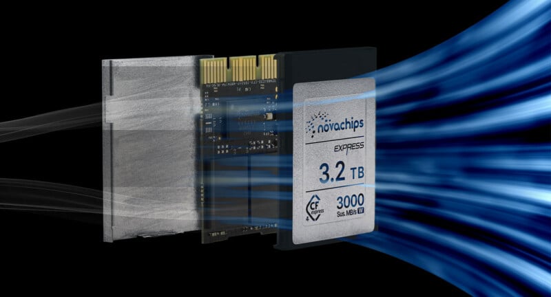 A solid-state drive labeled "novachips EXPRESS 3.2 TB" with data streams depicted as blue lines flowing rapidly through the device, illustrating high-speed data transfer capability.