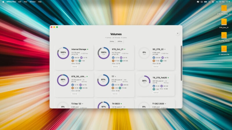 A computer screen displays a storage management window showing various drives, their usage percentages, and available space, over a vibrant, multicolored burst background. Several folders and screenshots are on the desktop.