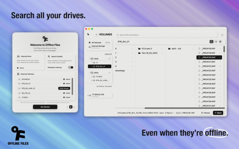 Two app interface screenshots on a blue-purple gradient background show a file search feature named "Offline Files." The text reads, "Search all your drives. Even when they’re offline.