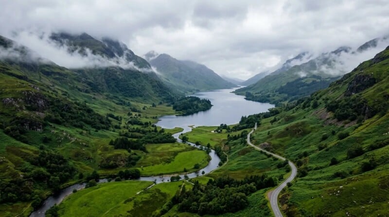 A winding river cuts through lush green valleys with a large lake in the distance, surrounded by misty, cloud-shrouded mountains under a cloudy sky. A narrow road curves through the landscape.