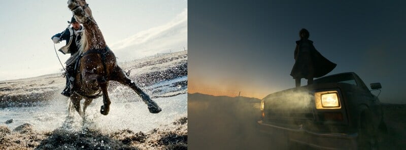 A split image: on the left, a rider on a rearing horse splashes through water; on the right, a person stands on top of a car at dusk with headlights on, surrounded by mist or dust.