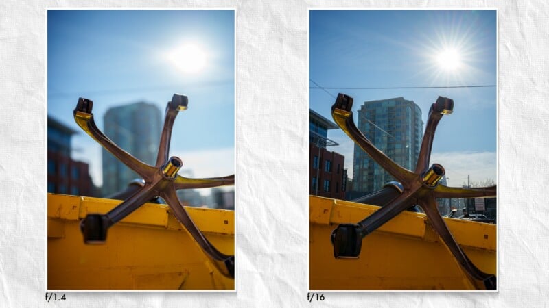 Two side-by-side photos of a chair base on a yellow surface outdoors, with buildings and the sun in the background. The left image is blurry (f/1.4), while the right image is sharp and clear (f/16).