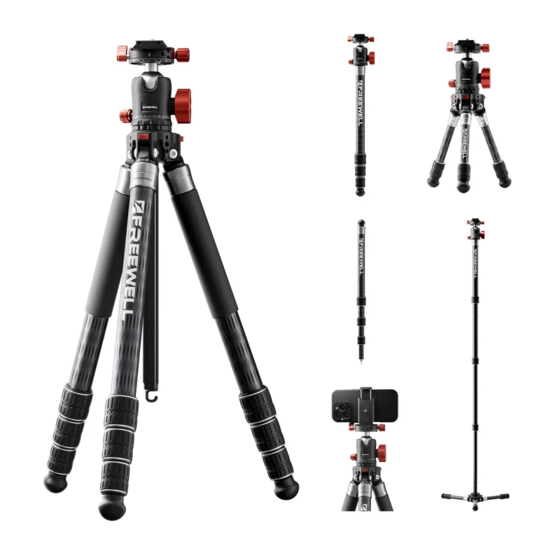 A black and silver Freewell tripod with red adjustment knobs is shown in multiple angles and configurations, including fully extended, collapsed, and converted into a monopod holding a smartphone.