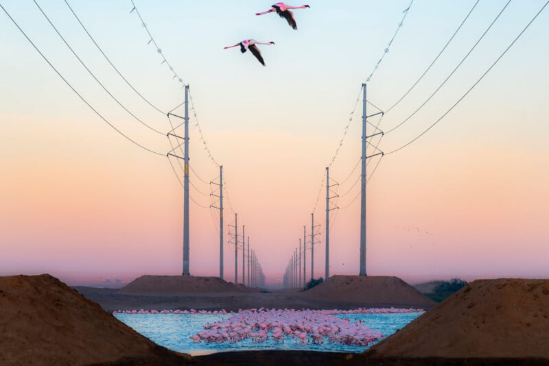 Two flamingos fly above a large flock of flamingos gathered in a water channel, flanked by rows of power lines and utility poles stretching into the distance at sunset.
