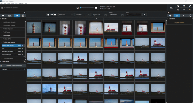 A computer screen displays a photo management software with multiple thumbnail images of a red and white lighthouse under various lighting and conditions, arranged in a grid layout with navigation panels on the sides.