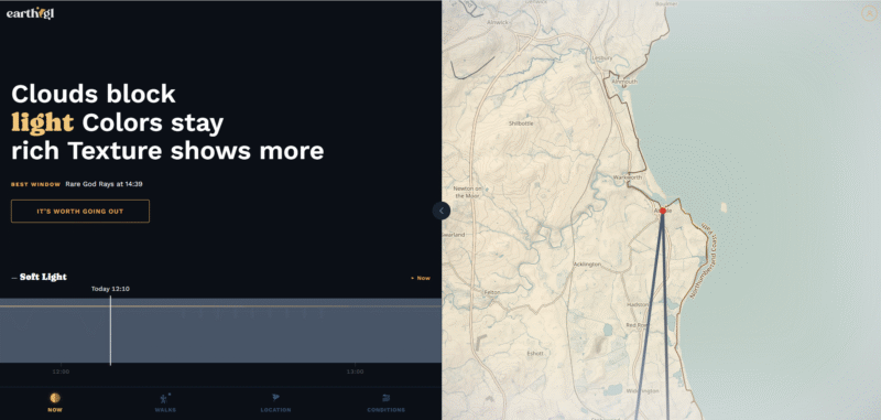 A split-screen interface shows a left panel with the text "Clouds block light. Colors stay rich. Texture shows more," a timeline, and a button. The right panel displays a coastal map with a dark line and red marker.