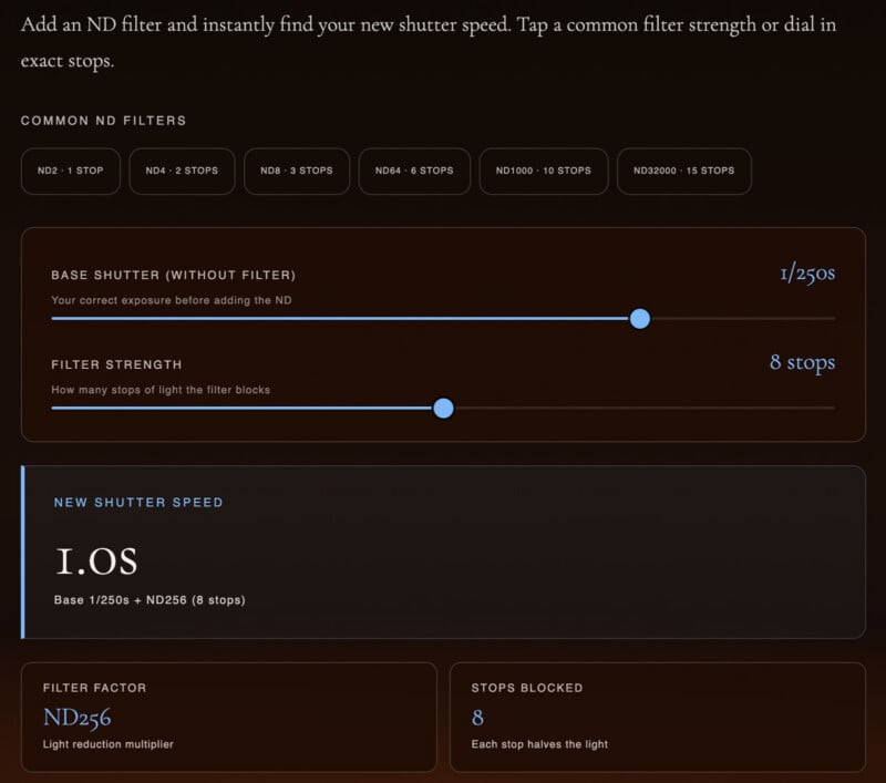 A screenshot of an ND filter calculator interface shows sliders for base shutter speed and filter strength, displaying a new shutter speed of 1.0 seconds with an ND256 filter (8 stops of light blocked).