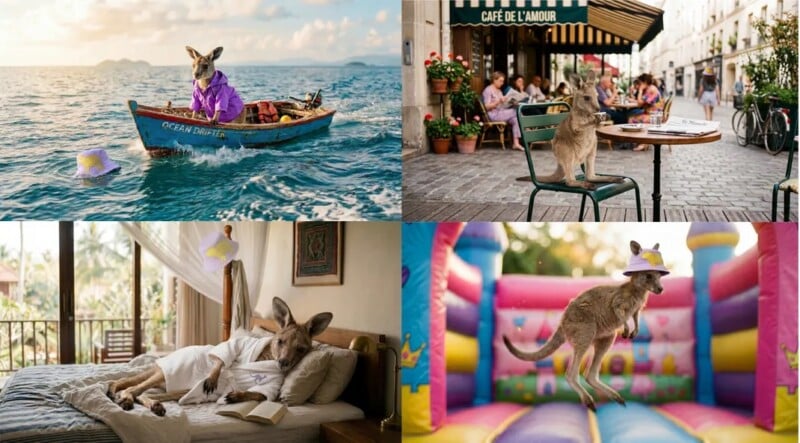 A kangaroo wears clothes and appears in four scenes: rowing a boat, sitting at a café table, reading in bed, and jumping in a bouncy castle, all in playful, whimsical settings.