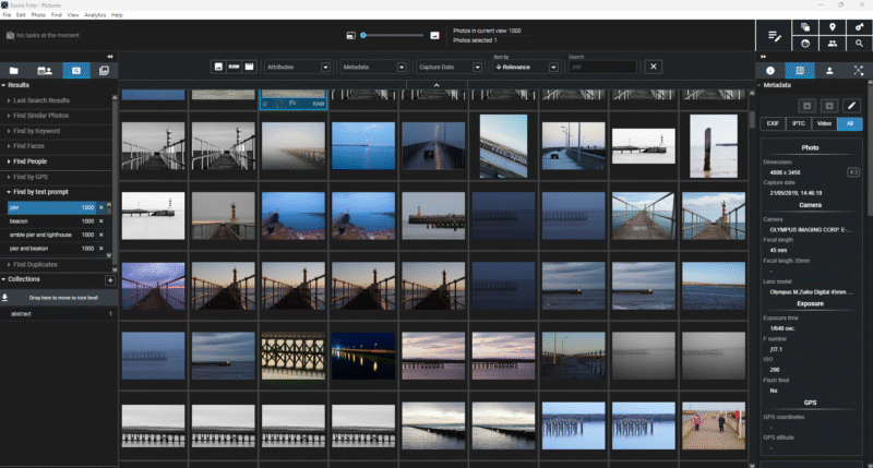 A computer screen displays a photo management software with multiple thumbnail images of piers over water, along with various metadata and sorting options shown in side panels.