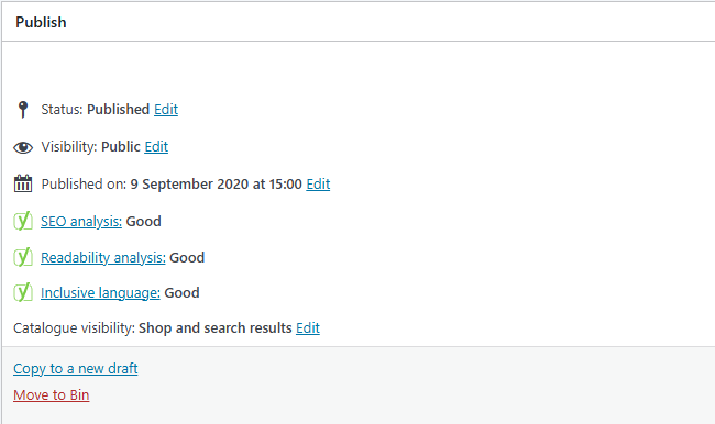A screenshot of a WordPress post's publish settings showing status as published, public visibility, published date, and "Good" ratings for SEO analysis, readability analysis, and inclusive language. Options to edit or move to bin are visible.