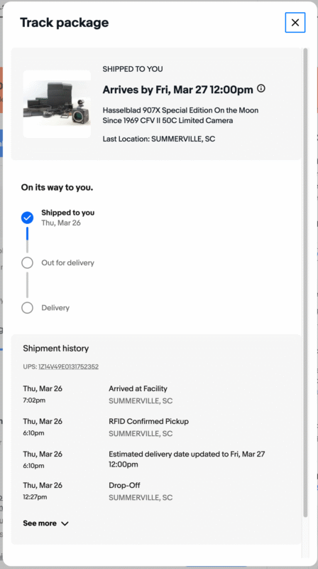 A shipment tracking page shows a Hasselblad 907X Special Edition camera delivery status. Package to arrive by Fri, Mar 27, 12:00pm in Summerville, SC, with shipment history and tracking updates listed below.