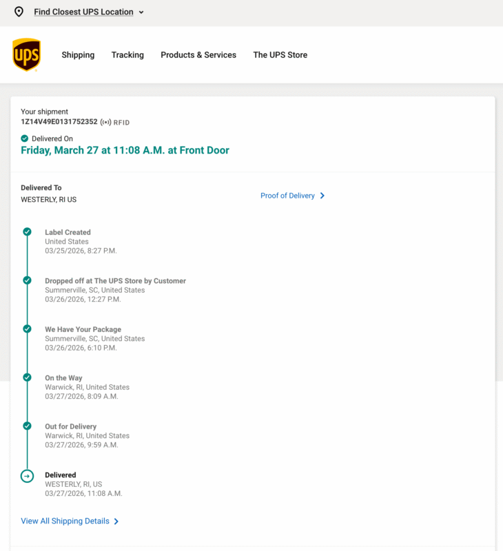 A UPS tracking page shows a package delivered on Friday, March 27 at 11:08 A.M. to the front door in Westerly, RI. The timeline lists shipment events from label creation to delivery.