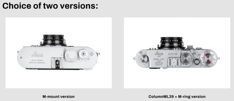 Two versions of a Leica camera shown from above: the left is the M-mount version, and the right is the ColumnML39 M-ring version, each with distinct control dials and top layouts.