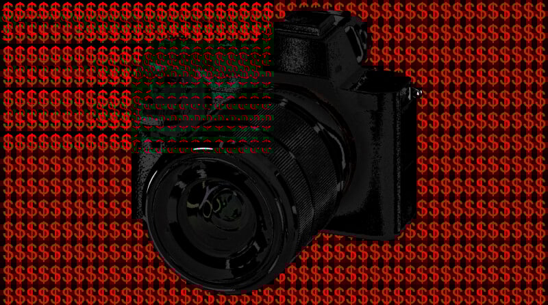 A black digital camera is centered against a red background filled with repeating dollar signs, suggesting the high cost of photography equipment.