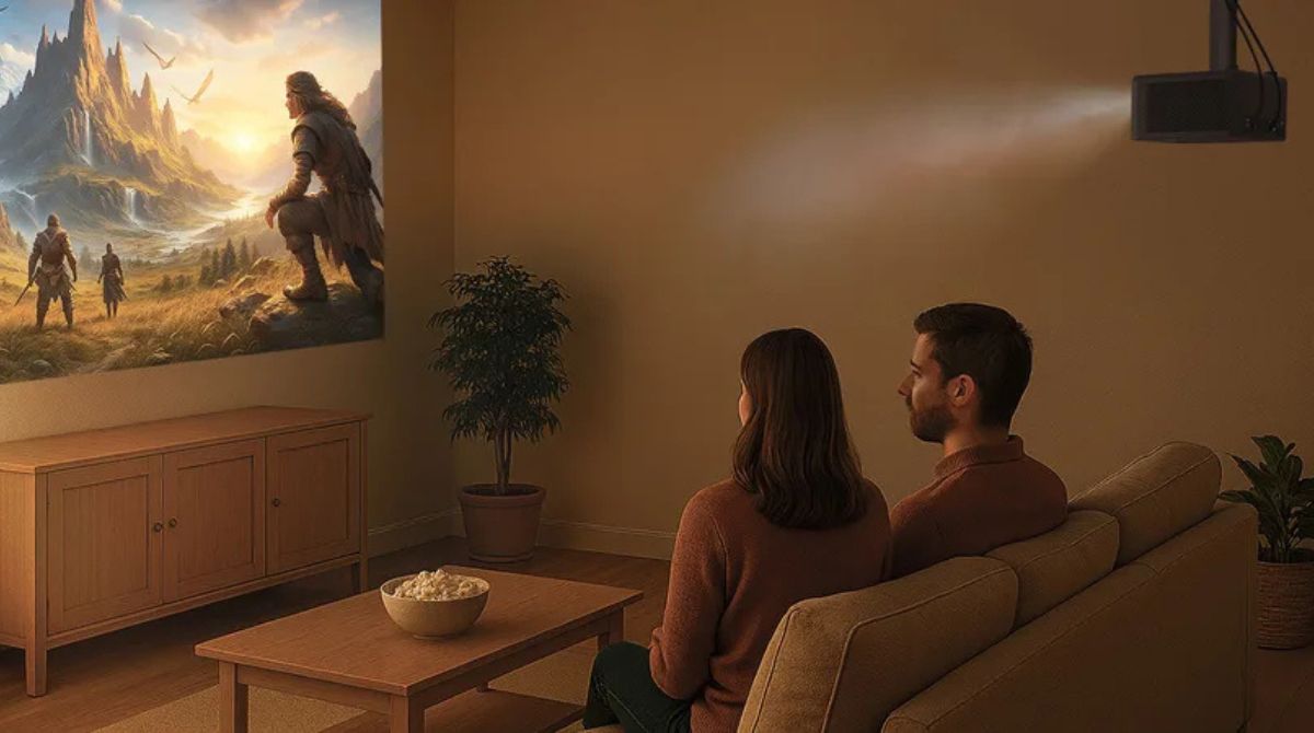 couple qui regarde un film avec le projecteur Optoma Photon Life PH31