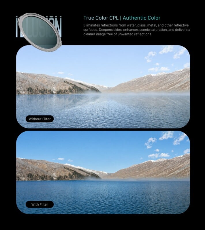 Een vergelijking van twee landschapsfoto’s van een meer en bergen; de bovenste foto, gemarkeerd "Without Filter," heeft glans op het water, terwijl de onderste foto, gemarkeerd "With Filter," helderder water en fellere kleuren laat zien.