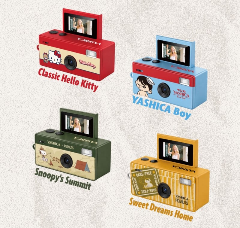 Four colorful Yashica cameras with pop-up screens, each themed: red "Classic Hello Kitty," blue "YASHICA Boy," green "Snoopy’s Summit," and yellow "Sweet Dreams Home," each displaying a sample photo.