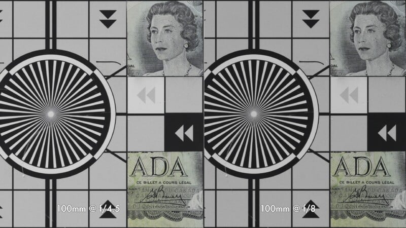 A side-by-side comparison of two camera test charts with concentric circles, currency images, and text. The left is labeled "100mm @ f/4.5" and the right "100mm @ f/8".