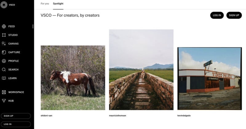 Screenshot of a VSCO webpage displaying three photos: a brown-and-white horse in a grassy field, a person standing on a stone path, and a building with a "VIDEO PLACE" sign. The left sidebar shows navigation options.