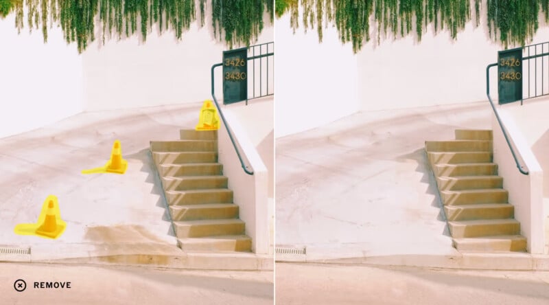 Side-by-side images of outdoor stairs next to a wall. The left side shows three yellow traffic cones on the ground and steps; the right side shows the same area with the cones digitally removed.