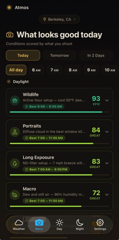A weather app screen for Berkeley, CA shows photography recommendations: Wildlife (93 Epic), Portraits (84 Great), Long Exposure (76 Great), and Macro (72 Great), with ideal times, conditions, and a daylight timeline.
