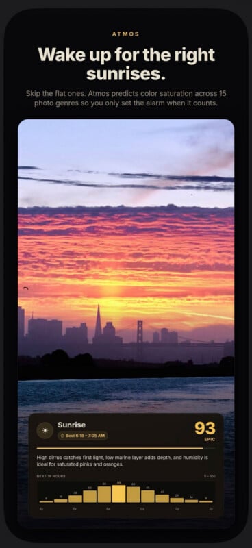 A vibrant sunrise over a city skyline with orange, pink, and purple clouds; a weather app rates the sunrise “93 Epic” and displays details about sky conditions and suggested alarm times.