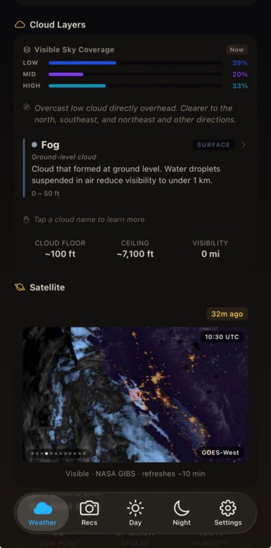 A weather app screen shows cloud layer data: visible sky coverage is 30% low, 20% mid, 33% high. Fog is reported, with a cloud floor of ~100 ft, ceiling of ~7,100 ft, and zero visibility. A satellite image is shown below.