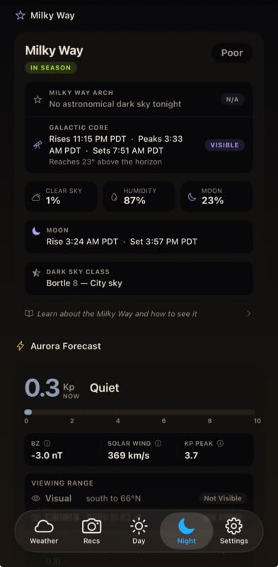 A mobile app screen shows stargazing data: “Milky Way arch” is not visible, with poor visibility predicted. Moon phase, times for moonrise and sunset, and aurora forecast (Kp index 0.3) are also displayed.