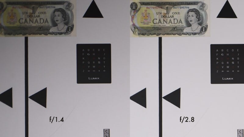 Side-by-side comparison of image clarity at f/1.4 (left) and f/2.8 (right), showing a Canadian one dollar bill and a focus chart with letters, arrows, and symbols on a white background.
