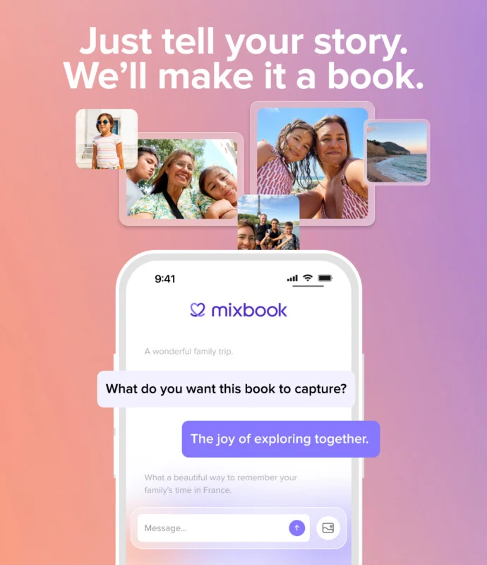 An ad for Mixbook features a smartphone screen with prompts about creating a photo book, surrounded by family photos. The text reads, "Just tell your story. We’ll make it a book." The background is a pink and purple gradient.