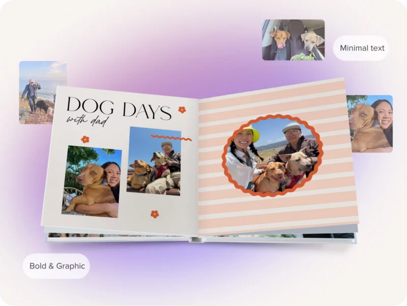 Open photo book with pages titled “Dog Days with dad,” featuring several photos of people and dogs outdoors. The design has pink striped backgrounds, minimal text, and bold graphic elements.