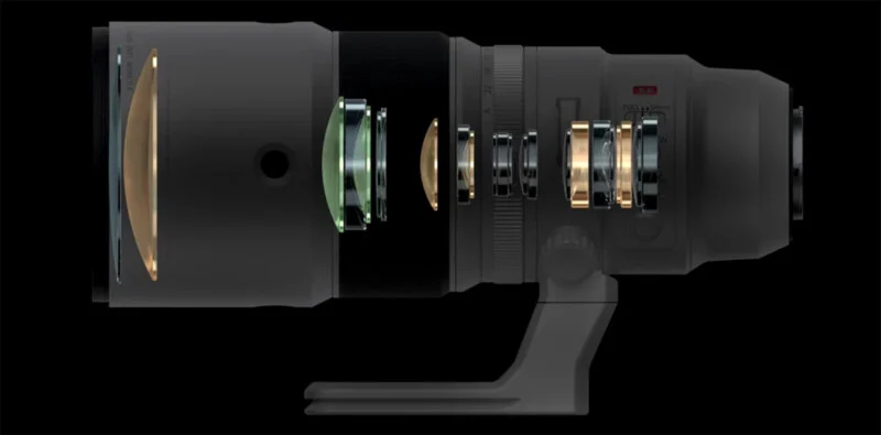 A digital rendering showing an exploded view of a camera telephoto lens, revealing its internal elements and glass components against a black background.