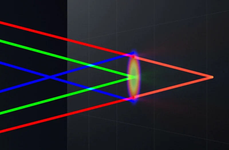 Three colored light beams—red, green, and blue—converge and cross at a central focal point, creating a bright, multicolored area against a dark background with faint grid lines.