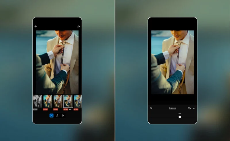 Two smartphone screens show a photo editing app. Both display an image of one person adjusting another person’s tie. The left screen shows filter options; the right shows an exposure adjustment slider.