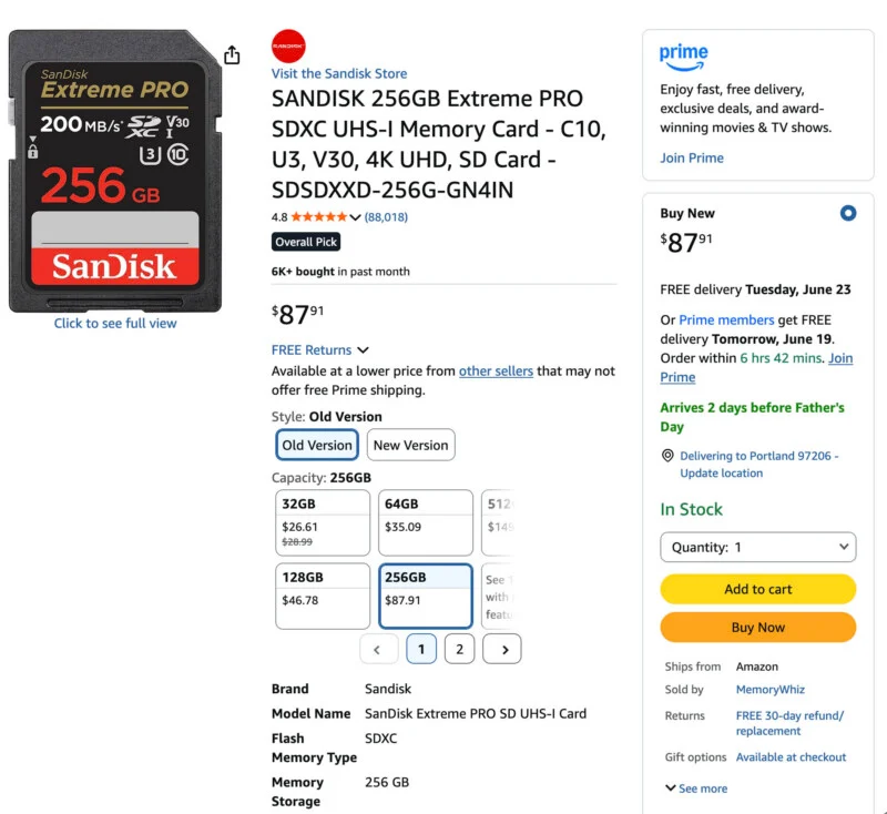 Screenshot of an Amazon product page for a SanDisk 256GB Extreme PRO SDXC UHS-I memory card, showing the product image, price of $87.91, purchasing options, and delivery details.