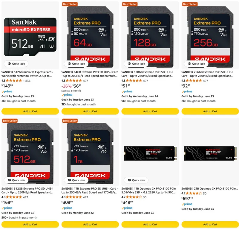 A grid of SanDisk memory cards and SSDs for sale on Amazon, showing different storage capacities (32GB to 1TB) and prices. Most items are labeled "Best Seller" and display “Add to Cart” buttons.