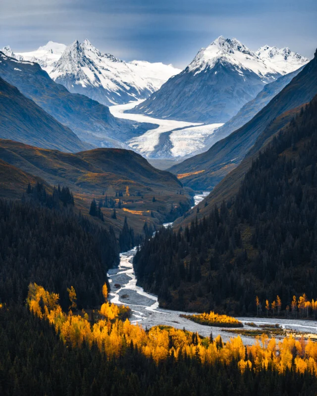 A winding river flows through a forested valley with bright yellow autumn trees, leading toward snow-capped mountains and a glacier in the distance under a cloudy sky.