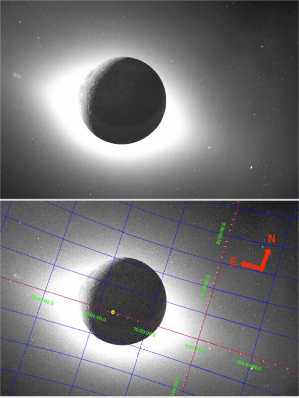 Top: Black-and-white image showing a planet or moon with a bright glowing corona. Bottom: Same image overlaid with a blue and green coordinate grid, and red compass directions marking East and North.