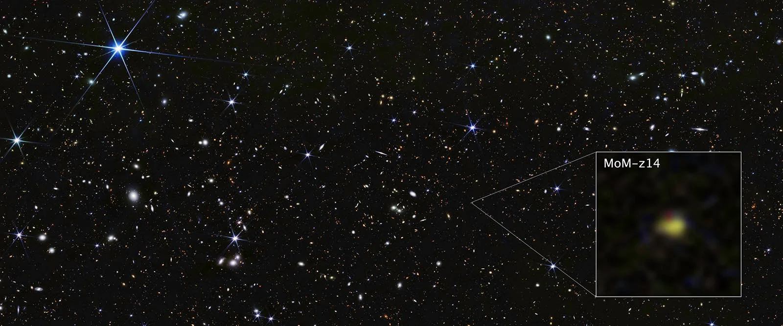 A star-filled night sky with a zoomed-in inset showing a faint, distant galaxy labeled "MoM-z14" near the center.