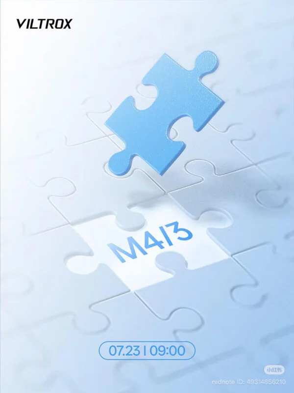 A blue puzzle piece hovers above a puzzle with a missing piece, revealing "M4/3" inside. The image includes the Viltrox logo and the date "07.23 | 09:00" at the bottom.