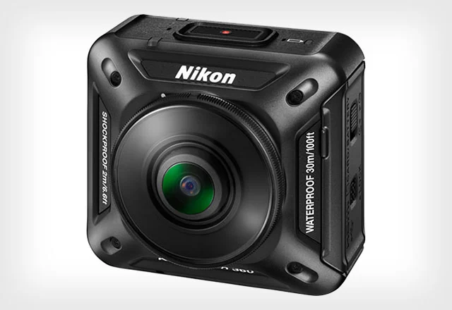 nikon keymission 360 action camera on a white background. black camera with a prominent front lens.