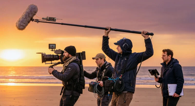 A film crew of four people walks along a beach at sunset, with one person operating a camera, one holding a boom microphone, and two others carrying equipment.