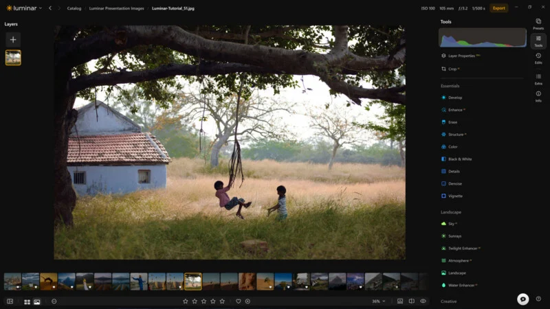 A screenshot of the Luminar photo editing software interface displaying an image of two children playing on a swing in a grassy field near a small house.