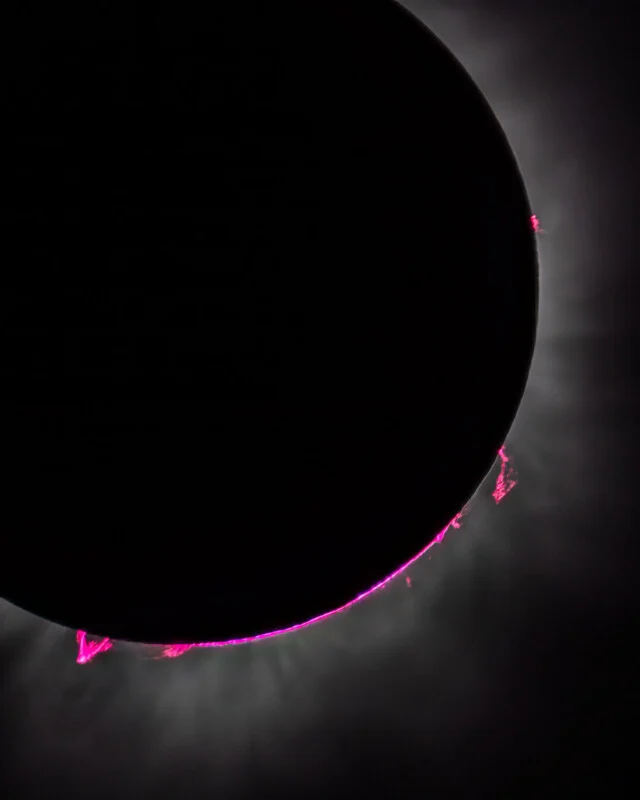 A total solar eclipse showing the moon silhouetted against the sun, with bright pink solar prominences visible along the edge.