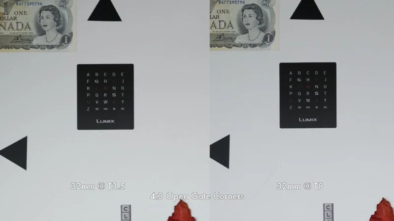 A side-by-side comparison of two test charts labeled 32mm @ T3.5 and 32mm @ T8, featuring Canadian one-dollar bills, letter grids, and geometric shapes.
